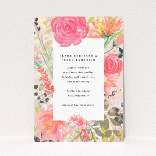 Brighton Blooms wedding invitation with vivid watercolour floral pattern in shades of coral, pink, and green, perfect for a joyful and vibrant summer wedding celebration This is a view of the front