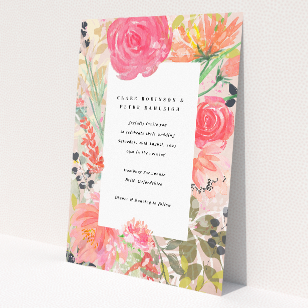Brighton Blooms wedding invitation with vivid watercolour floral pattern in shades of coral, pink, and green, perfect for a joyful and vibrant summer wedding celebration This image shows the front and back sides together