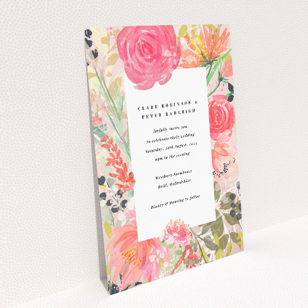 Brighton Blooms wedding invitation with vivid watercolour floral pattern in shades of coral, pink, and green, perfect for a joyful and vibrant summer wedding celebration This image shows the front and back sides together