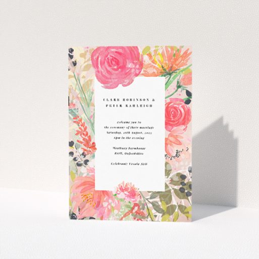 "Brighton Blooms wedding order of service booklet featuring watercolour floral design in vibrant palette, ideal for couples seeking joy and natural beauty for their wedding ceremony.". This is a view of the front