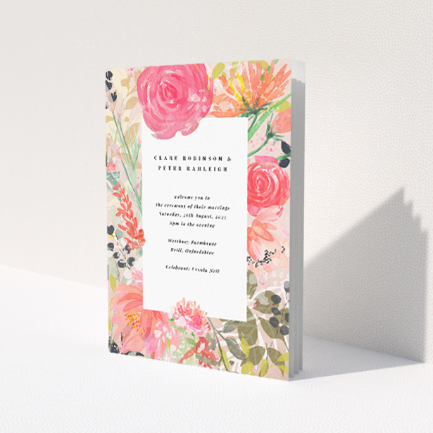 "Brighton Blooms wedding order of service booklet featuring watercolour floral design in vibrant palette, ideal for couples seeking joy and natural beauty for their wedding ceremony.". This image shows the front and back sides together