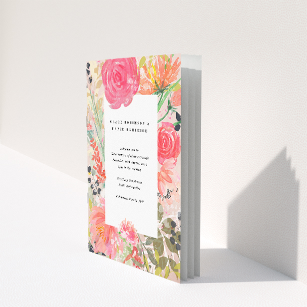 "Brighton Blooms wedding order of service booklet featuring watercolour floral design in vibrant palette, ideal for couples seeking joy and natural beauty for their wedding ceremony.". This image shows the front and back sides together