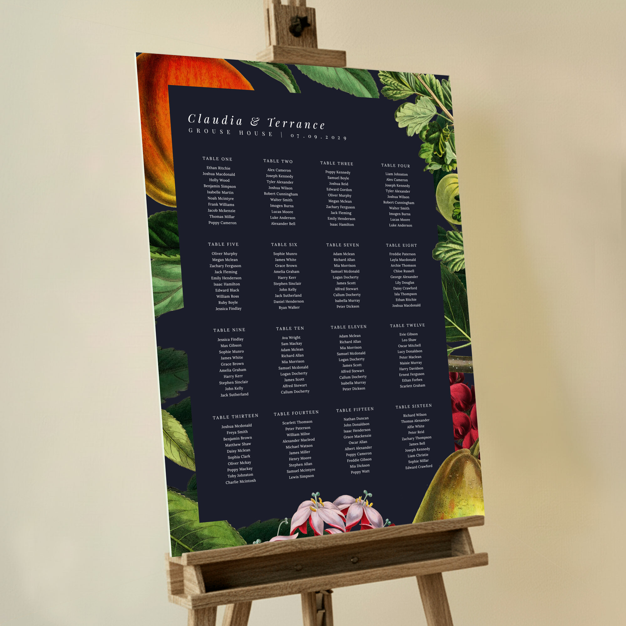 Bespoke British Orchard Seating Plans with navy blue backdrop, illustrations of pears, apples, and summer flowers, adding elegant and classic charm to your wedding seating arrangement.. This design shows 16 tables.