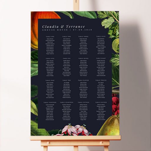 Bespoke British Orchard Seating Plans with navy blue backdrop, illustrations of pears, apples, and summer flowers, adding elegant and classic charm to your wedding seating arrangement.. This design shows 16 tables.