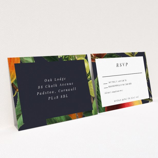 RSVP card from the "British Orchard" suite, featuring detailed botanical illustrations of ripe fruits and lush foliage against a deep navy background, perfect for couples seeking classic artistry with contemporary sophistication This is a view of the back