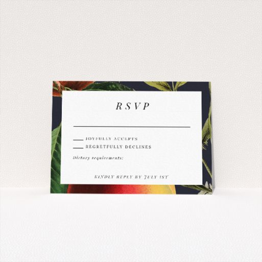 RSVP card from the "British Orchard" suite, featuring detailed botanical illustrations of ripe fruits and lush foliage against a deep navy background, perfect for couples seeking classic artistry with contemporary sophistication This is a view of the front