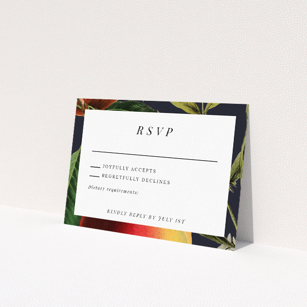 RSVP card from the 'British Orchard' suite, featuring detailed botanical illustrations of ripe fruits and lush foliage against a deep navy background, perfect for couples seeking classic artistry with contemporary sophistication This is a view of the front