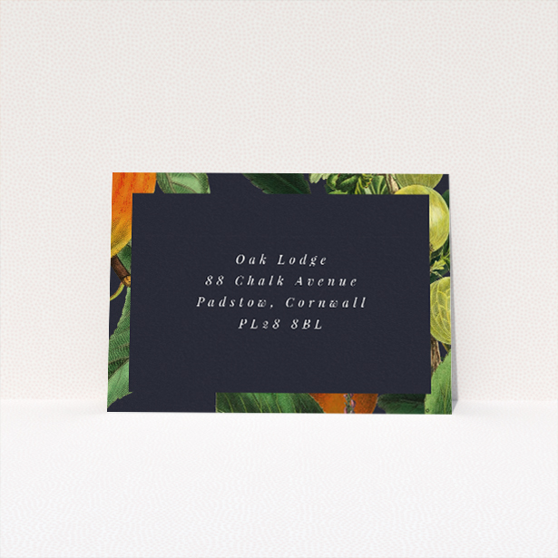RSVP card from the "British Orchard" suite, featuring detailed botanical illustrations of ripe fruits and lush foliage against a deep navy background, perfect for couples seeking classic artistry with contemporary sophistication This is a view of the back