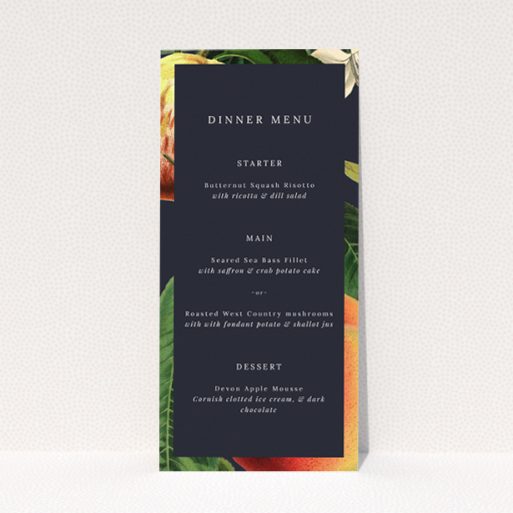 British Orchard wedding menu template featuring intricate botanical illustrations of fruits and foliage against a deep navy backdrop, perfect for couples seeking classic artistry and contemporary sophistication in their wedding stationery This is a view of the front