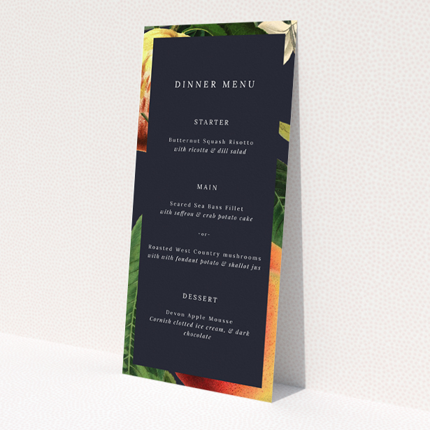 British Orchard wedding menu template featuring intricate botanical illustrations of fruits and foliage against a deep navy backdrop, perfect for couples seeking classic artistry and contemporary sophistication in their wedding stationery This is a view of the front