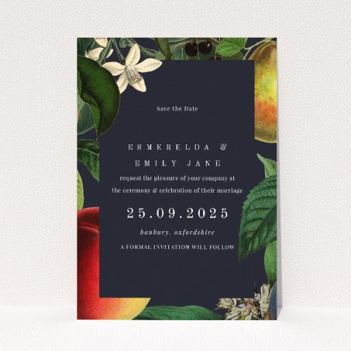 British Orchard Wedding Save the Date Card - Deep navy central panel surrounded by orchard-inspired illustrations of jasmine flowers, ripe pears, and sumptuous plums. Portrait orientation for traditional sophistication with a touch of nature's bounty This is a view of the front