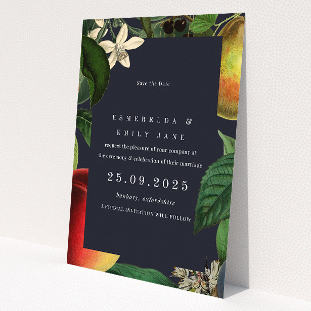 British Orchard Wedding Save the Date Card - Deep navy central panel surrounded by orchard-inspired illustrations of jasmine flowers, ripe pears, and sumptuous plums. Portrait orientation for traditional sophistication with a touch of nature's bounty This is a view of the front