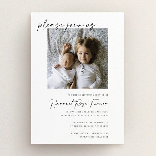 Elegant Christening Invitation Christening invitation with one photo of two children lying down