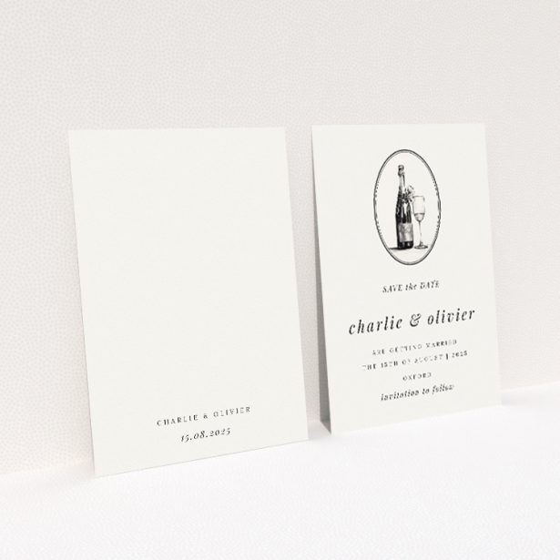 Bubbly Celebration A6 Save the Date Card - Wedding stationery featuring monochromatic champagne motif symbolizing joy and celebration. This is a view of the back