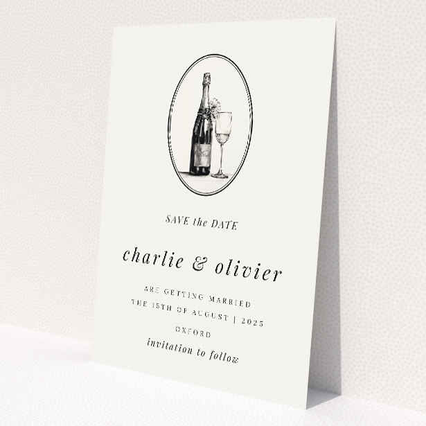 Bubbly Celebration A6 Save the Date Card - Wedding stationery featuring monochromatic champagne motif symbolizing joy and celebration. This is a view of the front