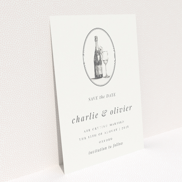 Bubbly Celebration A6 Save the Date Card - Wedding stationery featuring monochromatic champagne motif symbolizing joy and celebration. This is a view of the back