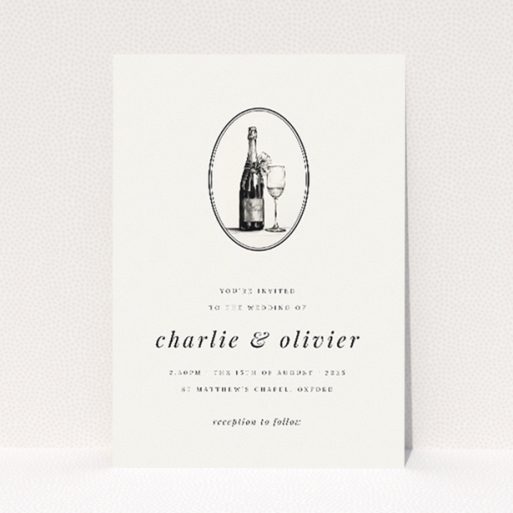 "Bubbly Celebration wedding invitation featuring a monochrome illustration of a champagne bottle and flute in an oval frame, with elegant script and modern sans-serif fonts, perfect for stylish couples celebrating their union.". This is a view of the front