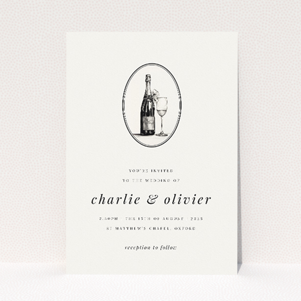 "Bubbly Celebration wedding invitation featuring a monochrome illustration of a champagne bottle and flute in an oval frame, with elegant script and modern sans-serif fonts, perfect for stylish couples celebrating their union.". This is a view of the front