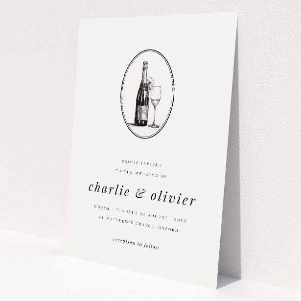 'Bubbly Celebration wedding invitation featuring a monochrome illustration of a champagne bottle and flute in an oval frame, with elegant script and modern sans-serif fonts, perfect for stylish couples celebrating their union.'. This is a view of the front