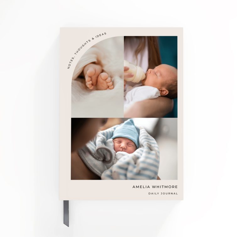 Portrait orientation notebook cover design with three photos, ideal for personalised daily journals by Utterly Printable.