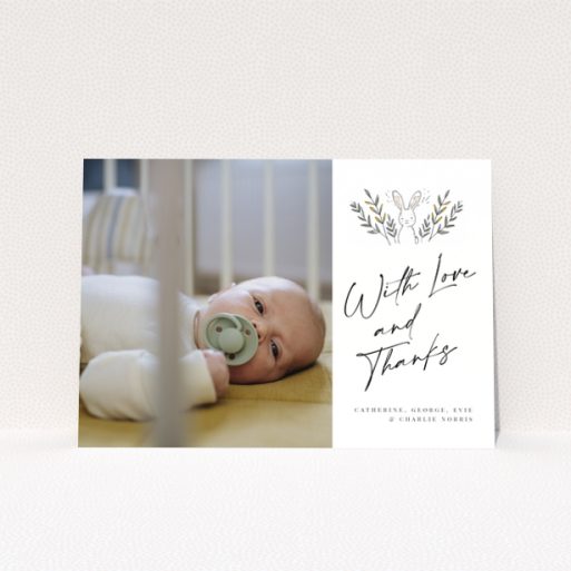Baby thank you card design with one photo and illustrated bunny.