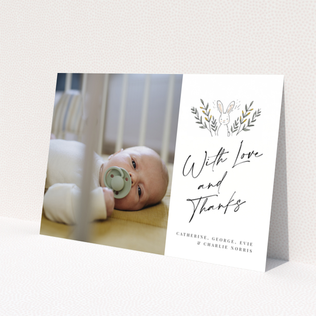 Baby thank you card design with one photo and illustrated bunny.