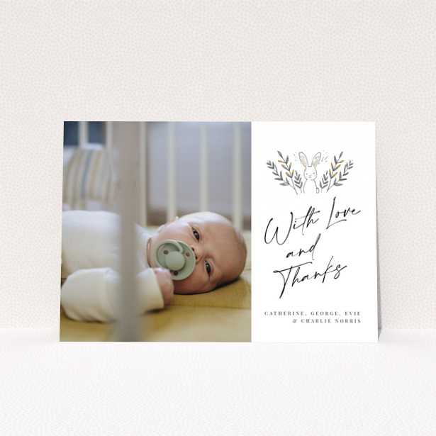 Baby thank you card design with one photo and illustrated bunny.