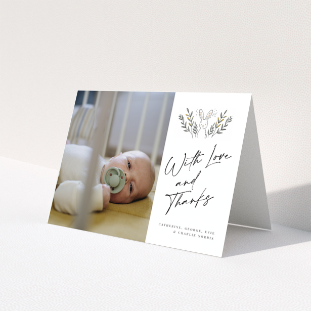 Baby thank you card design with one photo and illustrated bunny.