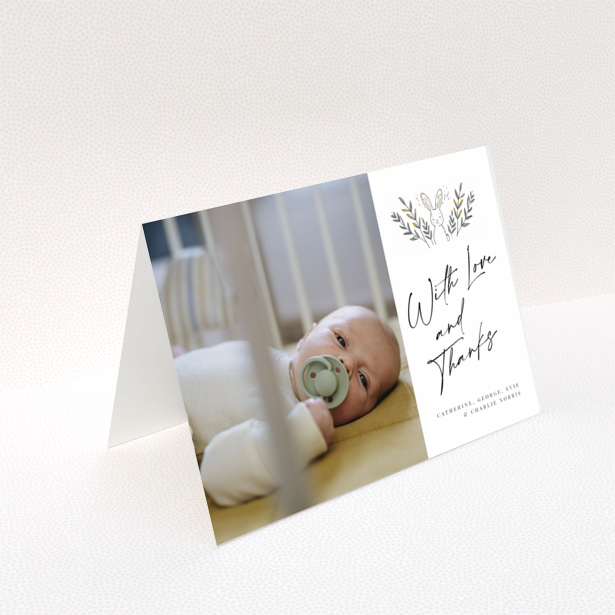 Baby thank you card design with one photo and illustrated bunny.