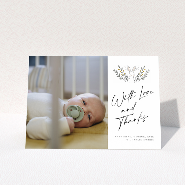 Baby thank you card design with one photo and illustrated bunny.