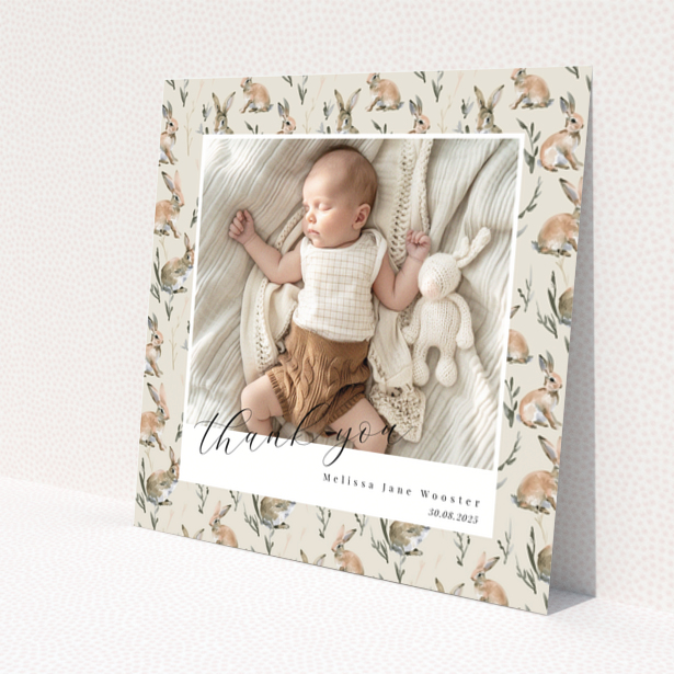 Baby thank you card with floral background and one baby photo.