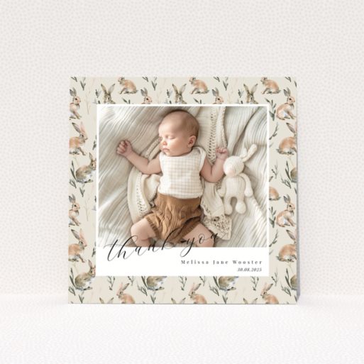 Baby thank you card with floral background and one baby photo.