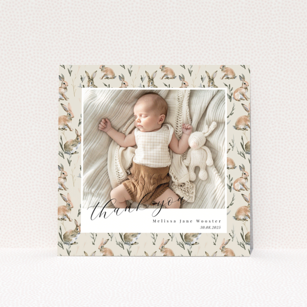 Baby thank you card with floral background and one baby photo.