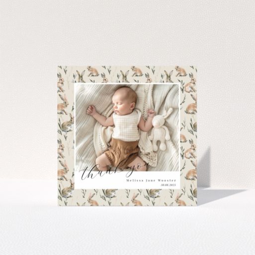 Baby thank you card with floral background and one baby photo.