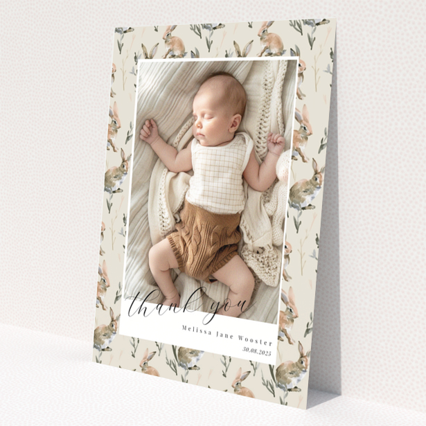 Baby thank you card with floral background and one baby photo.