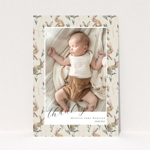 Baby thank you card with floral background and one baby photo.