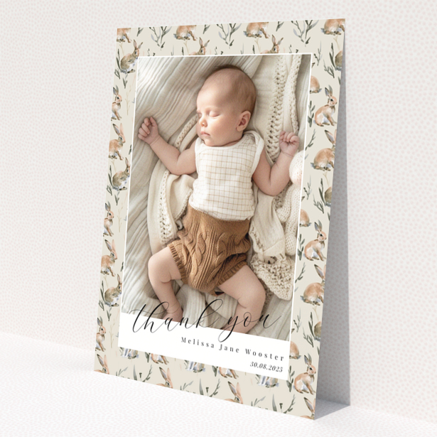 Baby thank you card with floral background and one baby photo.