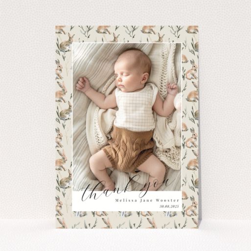 Baby thank you card with floral background and one baby photo.
