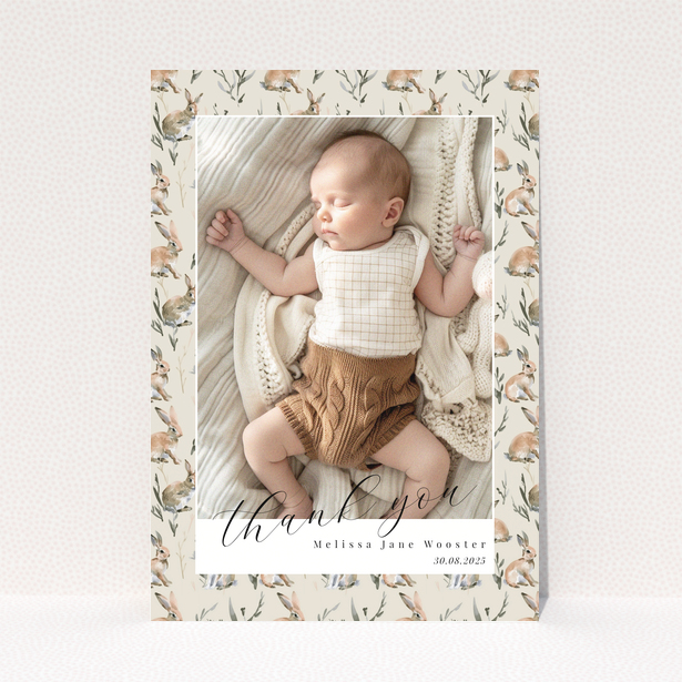 Baby thank you card with floral background and one baby photo.