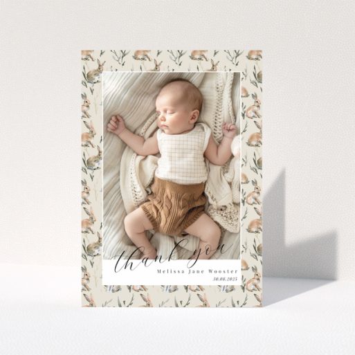 Baby thank you card with floral background and one baby photo.