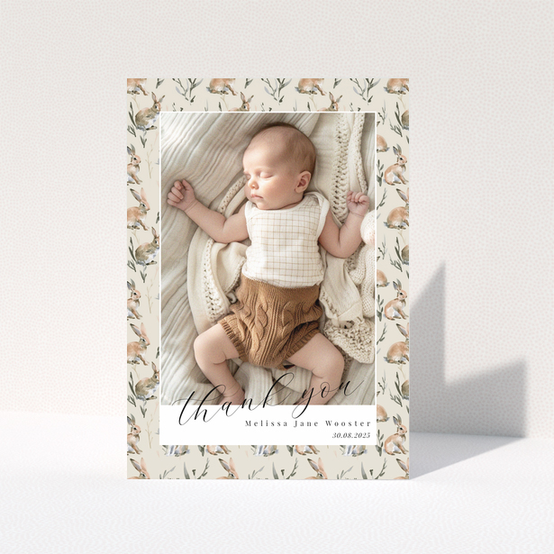 Baby thank you card with floral background and one baby photo.