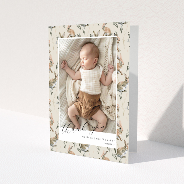 Baby thank you card with floral background and one baby photo.