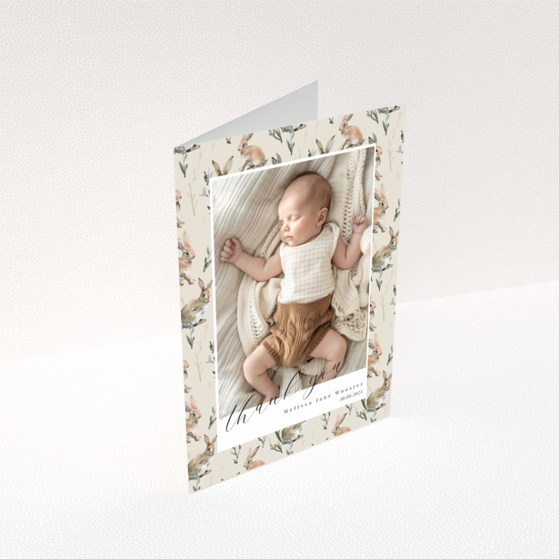 Baby thank you card with floral background and one baby photo.