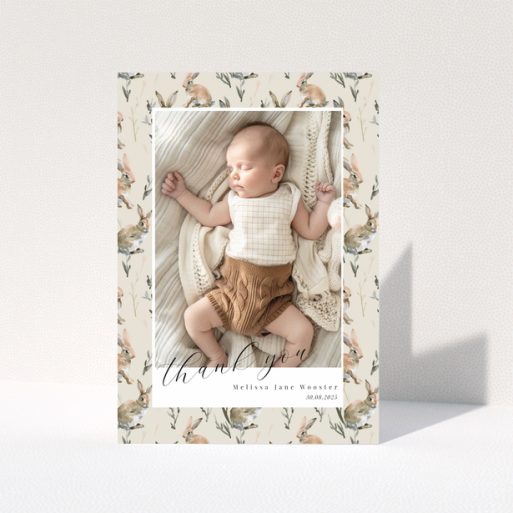 Baby thank you card with floral background and one baby photo.