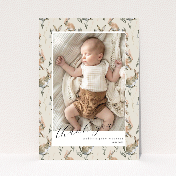 Baby thank you card with floral background and one baby photo.