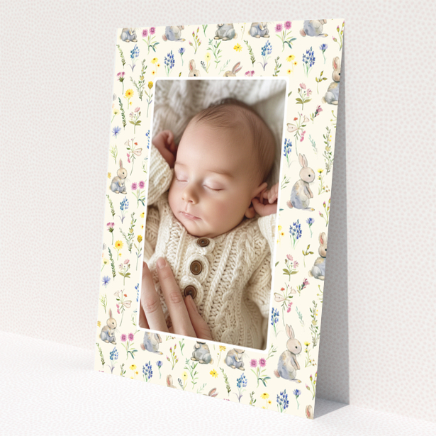 Baby thank you card with floral and bunny designs and one photo of a sleeping baby