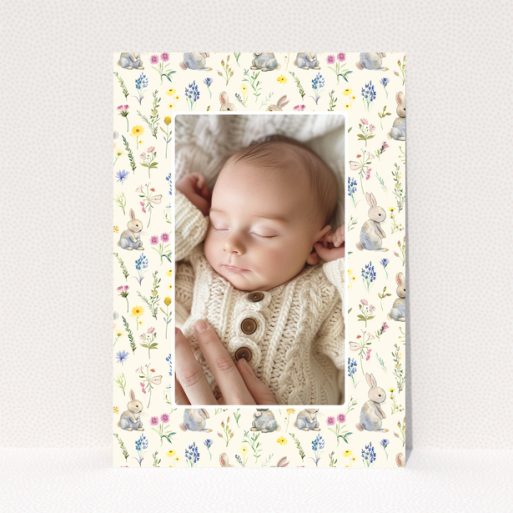 Baby thank you card with floral and bunny designs and one photo of a sleeping baby