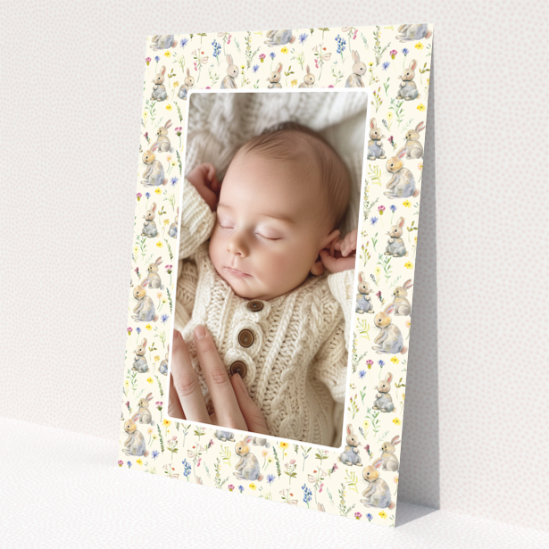 Baby thank you card with floral and bunny designs and one photo of a sleeping baby