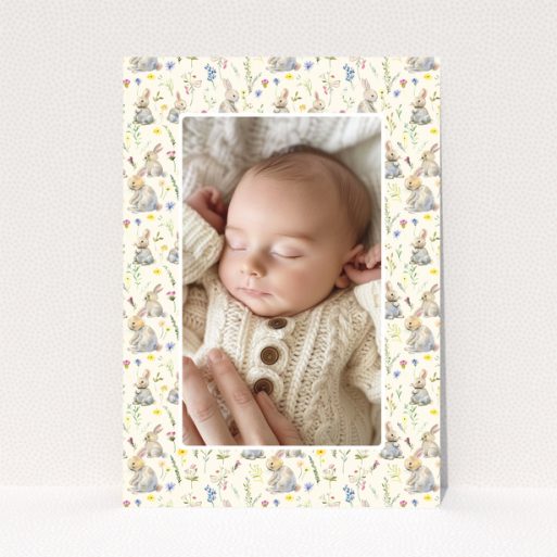 Baby thank you card with floral and bunny designs and one photo of a sleeping baby