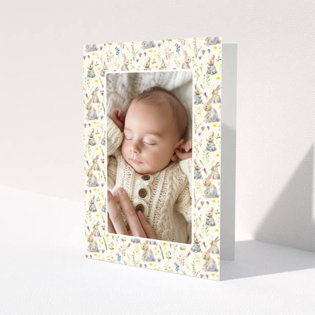 Baby thank you card with floral and bunny designs and one photo of a sleeping baby